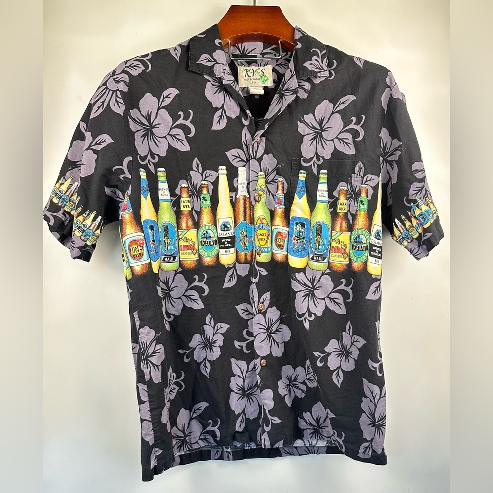 KYs Hawaiian Shirt Mens Floral Beer‎ Button Front Made In Hawaii  Size L